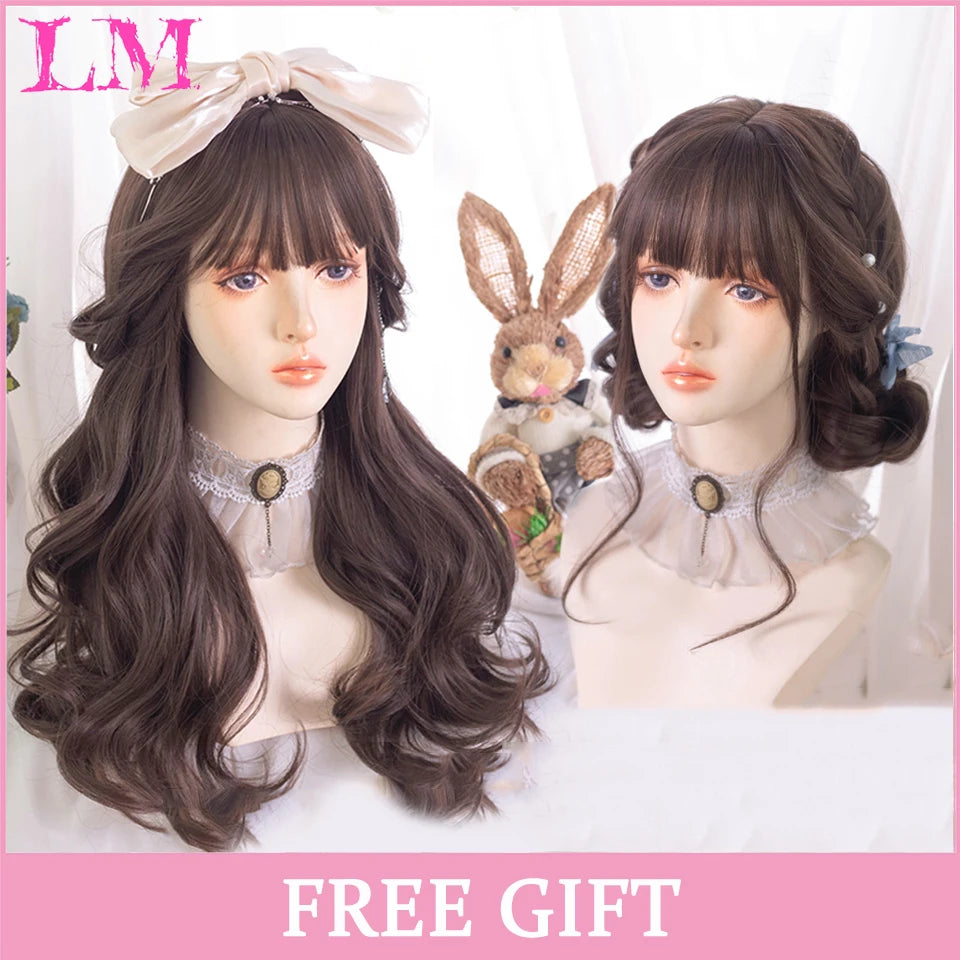 LM Long Natural Wavy Platinum Blonde Pink Wigs with Bangs Cosplay Party Lolita Synthetic Wigs for Women Heat Resistant Fiber