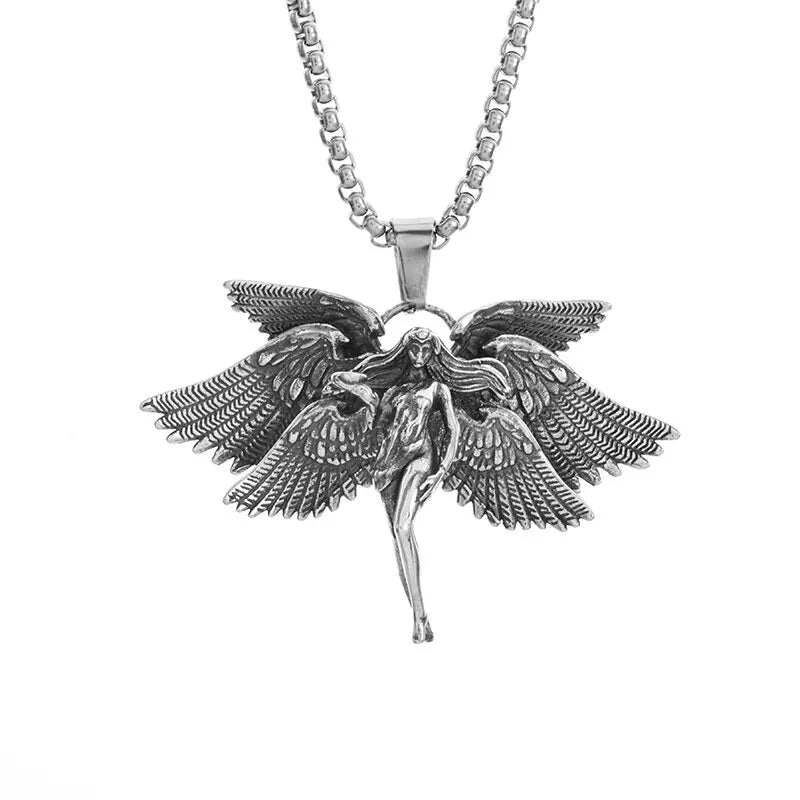 KIMLUD, Stainless Steel Creative Personality Prayer Angel Pendant Necklace Men and Women Fashion Trend Hip Hop Punk Accessories Jewelry, AL19398-Silver, KIMLUD APPAREL - Womens Clothes