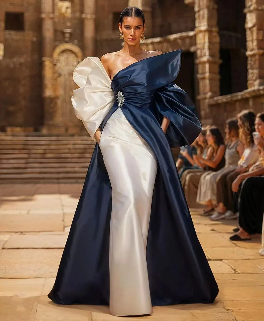 2024 Blue Satin Evening Dress Big Bow Cape with Long Train Elegant Prom Gown Fashion Chic for Women