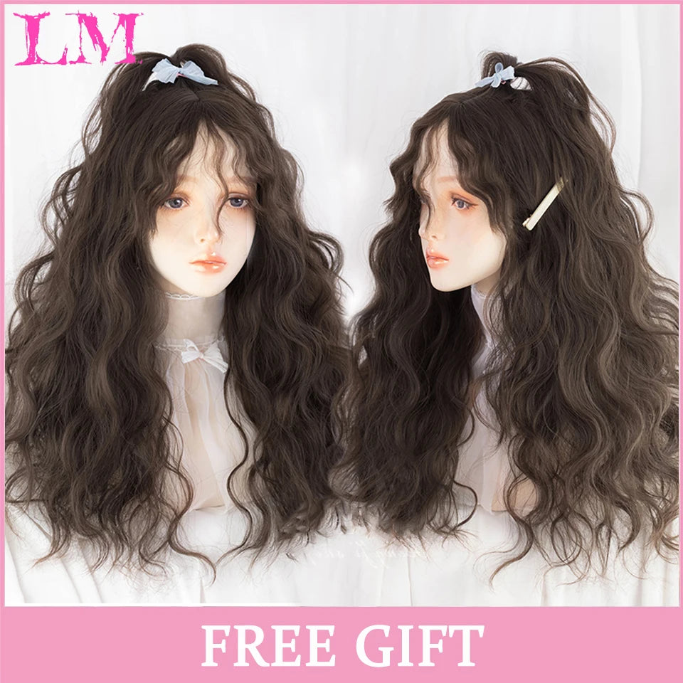 LM Long Natural Wavy Platinum Blonde Pink Wigs with Bangs Cosplay Party Lolita Synthetic Wigs for Women Heat Resistant Fiber