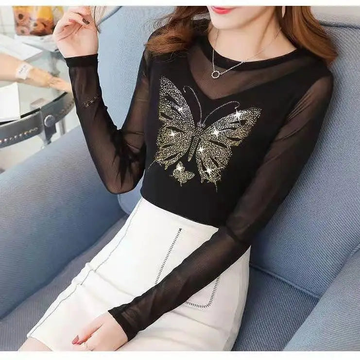 KIMLUD, Vintage Gothic Female T-shirts Lantern Sleeve Turtle Neck Women Lace Shirt Autumn Female Tshirt Patchwork Grunge Aesthetic Tops, butterfly 03 / XL, KIMLUD APPAREL - Womens Clothes