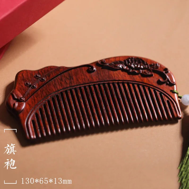 Natural Rhinoceros Horn Small Leaf Red Sandalwood Carved Wood Comb Retro Style Massage Comb Gifts with comb - KIMLUD