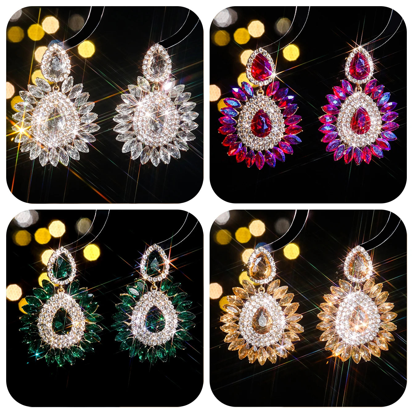 Vintage Rhinestone sunflower Statement Earrings Retro Big Cluster Crystal Drop Dangle Earrings for Women Girls