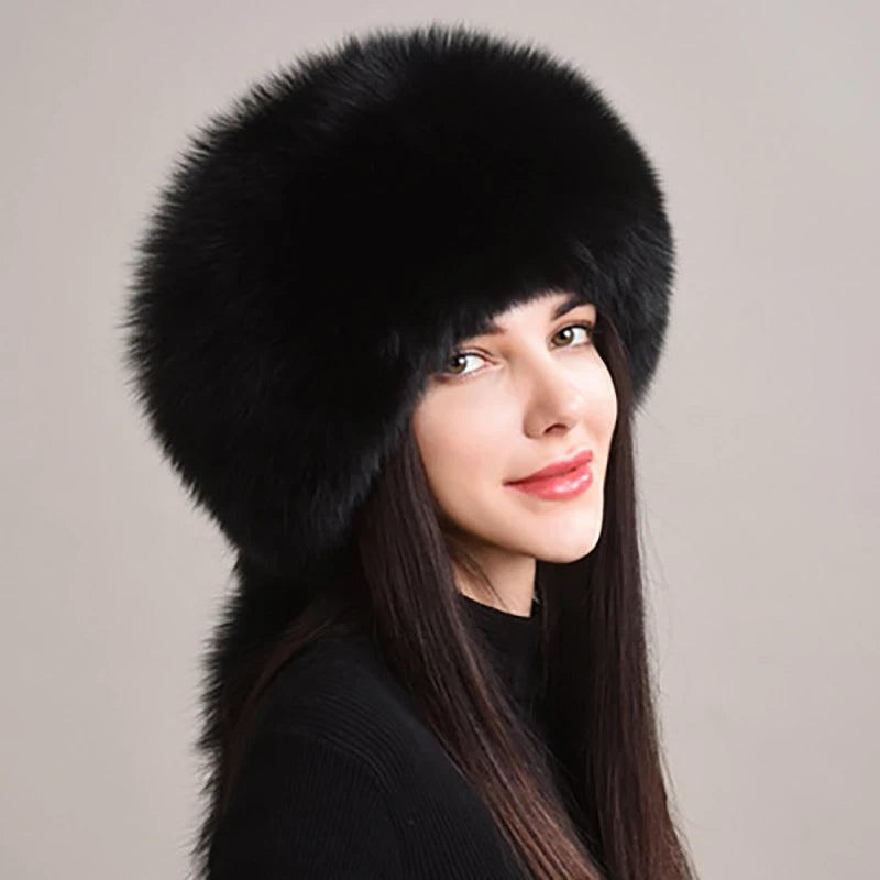 KIMLUD, 2024 Hot Sale Winter Women Fox Fur Hat Fluffy Soviet Female Outdoor Warm Cap Snow Fur Hats 5 tails Real Fox Fur Cold Bomber Hats, black / Suitable everyone, KIMLUD APPAREL - Womens Clothes