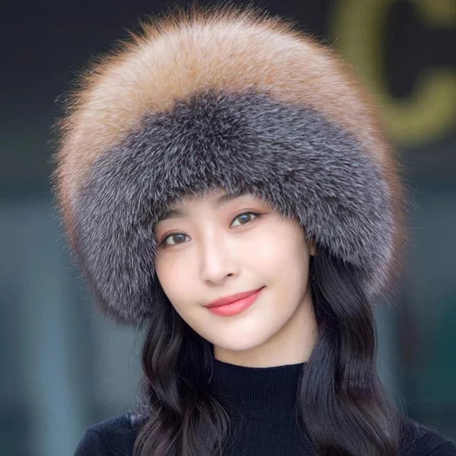 Real Fox Fur Hat Winter Natural Fur Snow Hat For Ladies Thick Outdoor Beanies Caps Russians Skiing Hats Bomber White Fur Caps