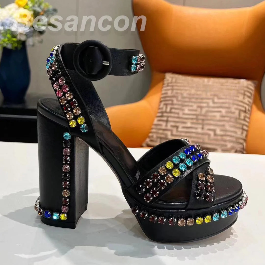 Besancon 2025 Classic style Women's high-heeled 12cm sandals Diamonds Genuine leather Oversized 41 42 Waterproof platform