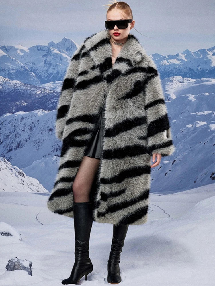 2024 Winter Vintage Thick Warm Long Faux Fur Coat Women Zebra-stripe Printed Fluffy Jacket Fur Coat Large Size Luxury Overcoat