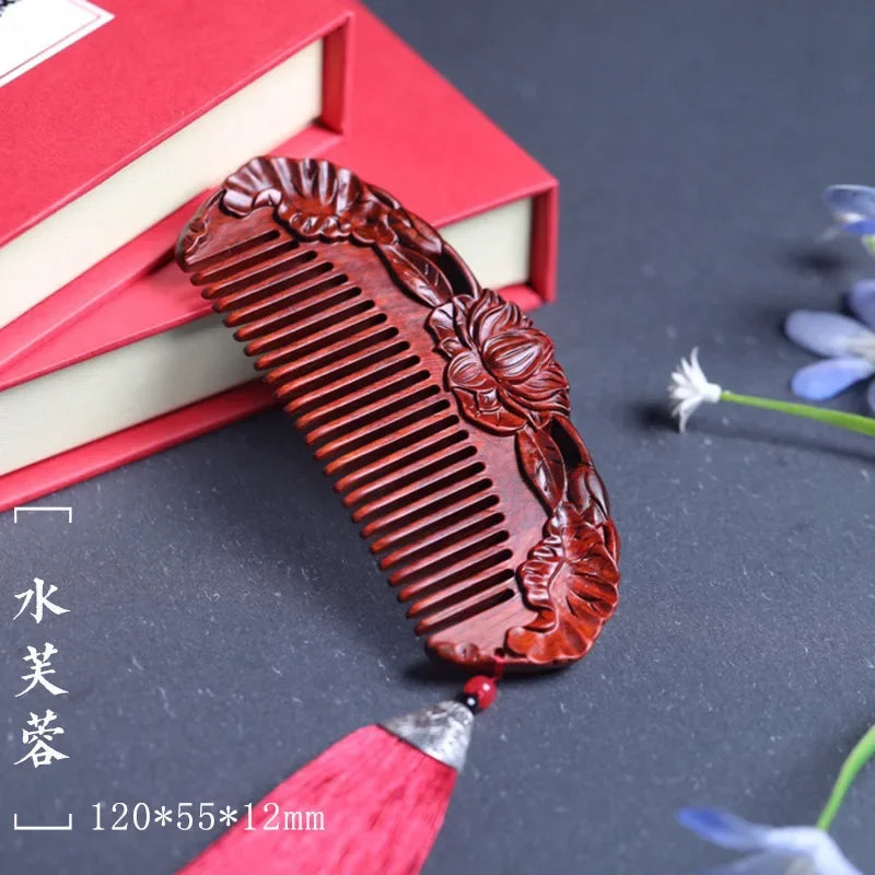 Natural Rhinoceros Horn Small Leaf Red Sandalwood Carved Wood Comb Retro Style Massage Comb Gifts with comb - KIMLUD