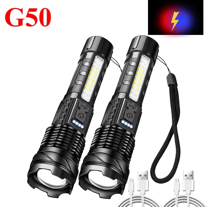 Super Bright P70/G50 Flashlight Powerful 8Modes Emergency Tactical Power Display Light 18650 Built-in Rechargeable T6+COB Torch