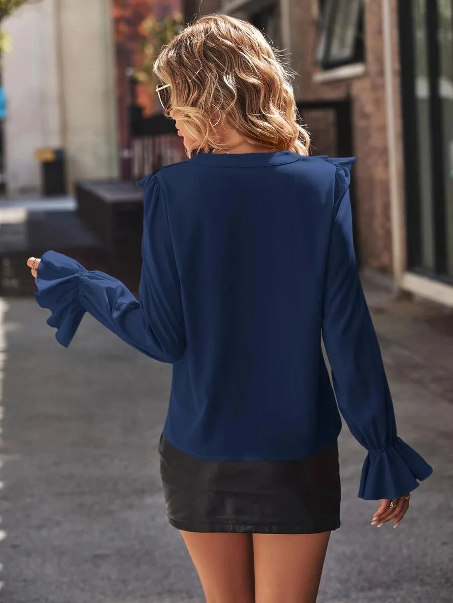 2024 Autumn New V-neck Elegant Women's Shirt With Flared Sleeves Long Sleeves Cardigans Buttons Solid Color Women's Clothing