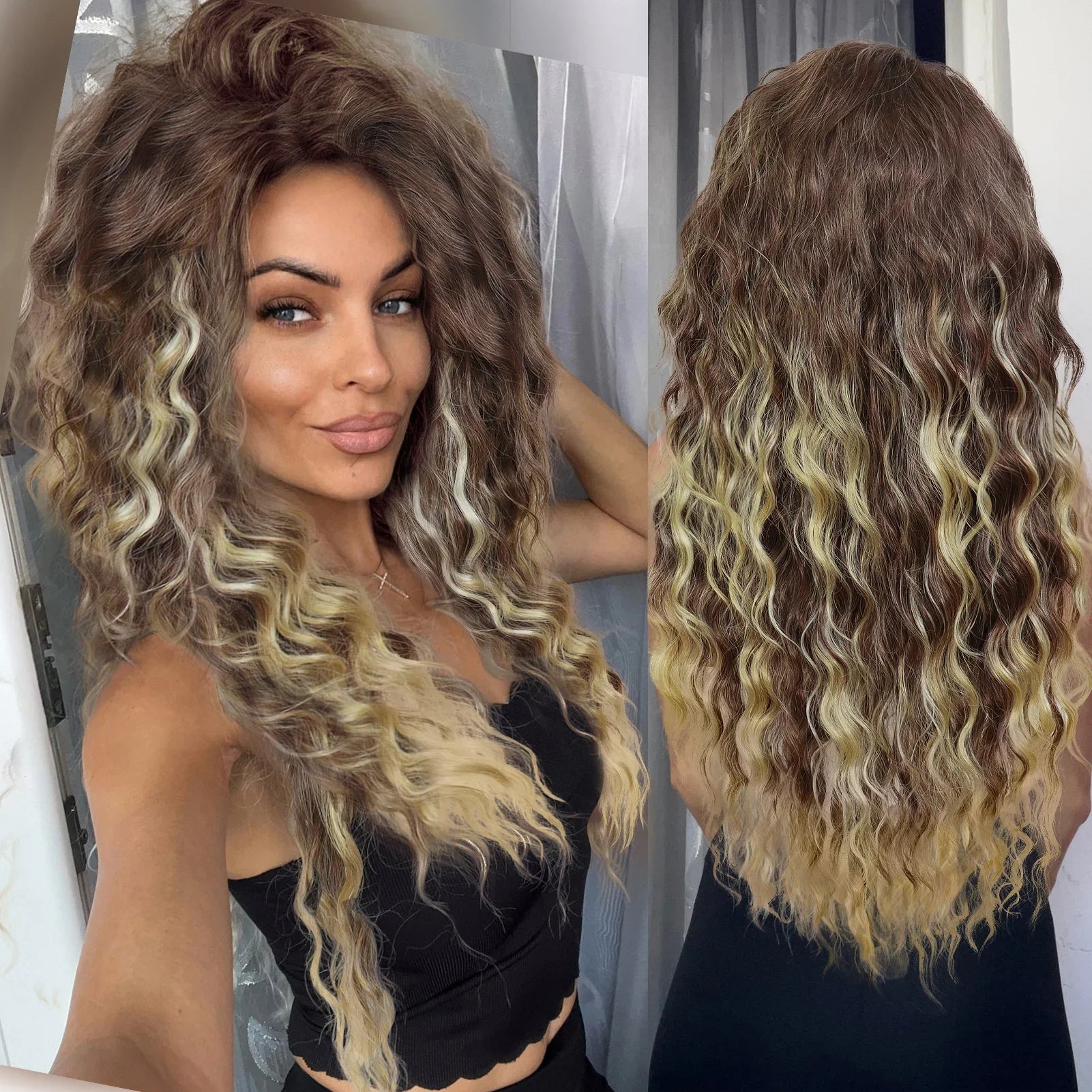 KIMLUD, Ash Blonde Curly Wig Synthetic Long Curly Hair Wigs for Women Fluffy Hairstyle Wave Ombre Wig Costume Carnival Party Regular Wig, 789-16 / 26inches, KIMLUD APPAREL - Womens Clothes