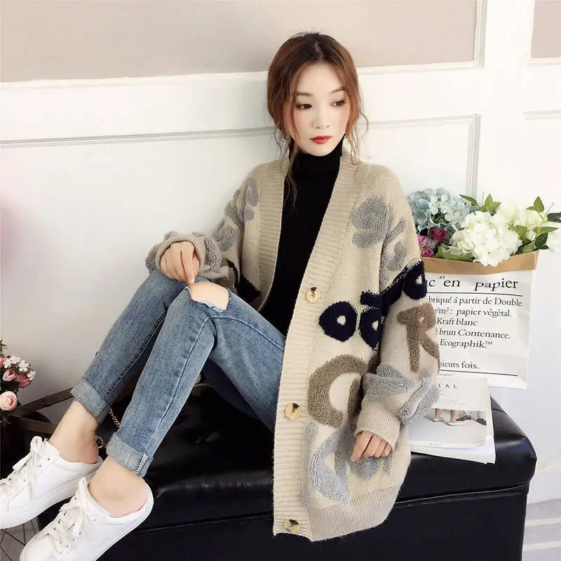 KIMLUD, Slouchy Style Sweater Women's Cardigan Loose Autumn and Winter Korean 2023 New Style Outerwear Knitted Jacket Medium Length, Letter Beige / S 45-52.5KG, KIMLUD APPAREL - Womens Clothes