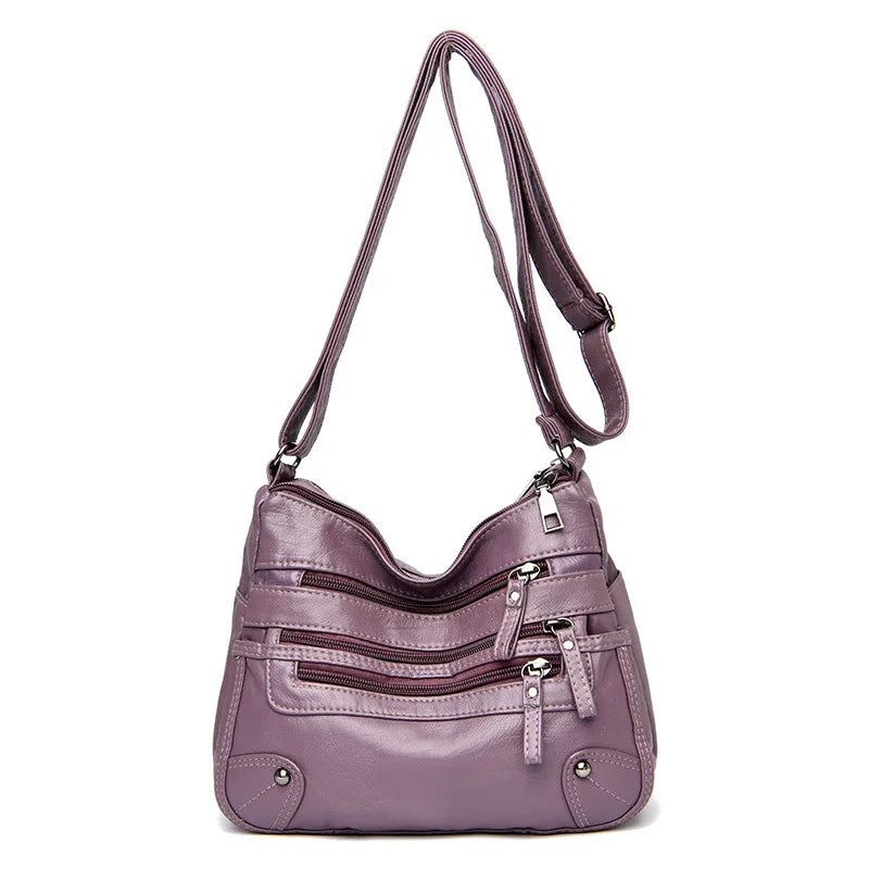 Women's Multi Zipper Shoulder Bag, Versatile Solid Color Faux Leather Crossbody Bag - KIMLUD