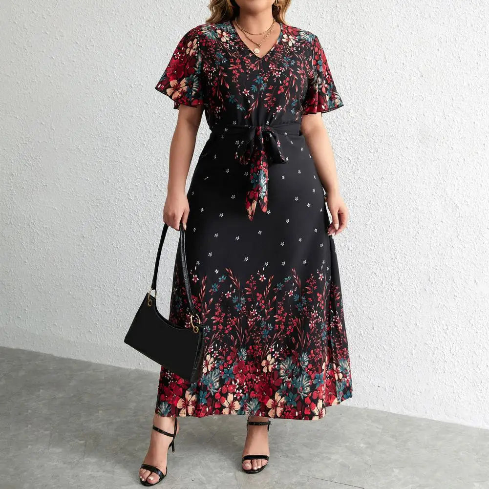 Plus Size Floral Print Dress Floral Print A-line Maxi Dress with Lace-up Belt V Neck for Women Plus Size Ankle Length Party Prom