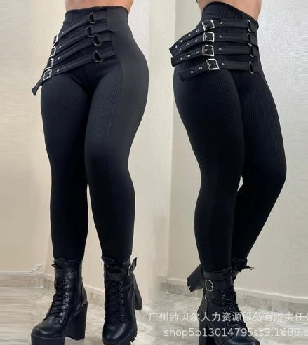 Women's Pants High Waist Trousers 2023 Button Decoration Office Solid Color Elegant Hip Lifting Leggings Skinny Pencil Pants