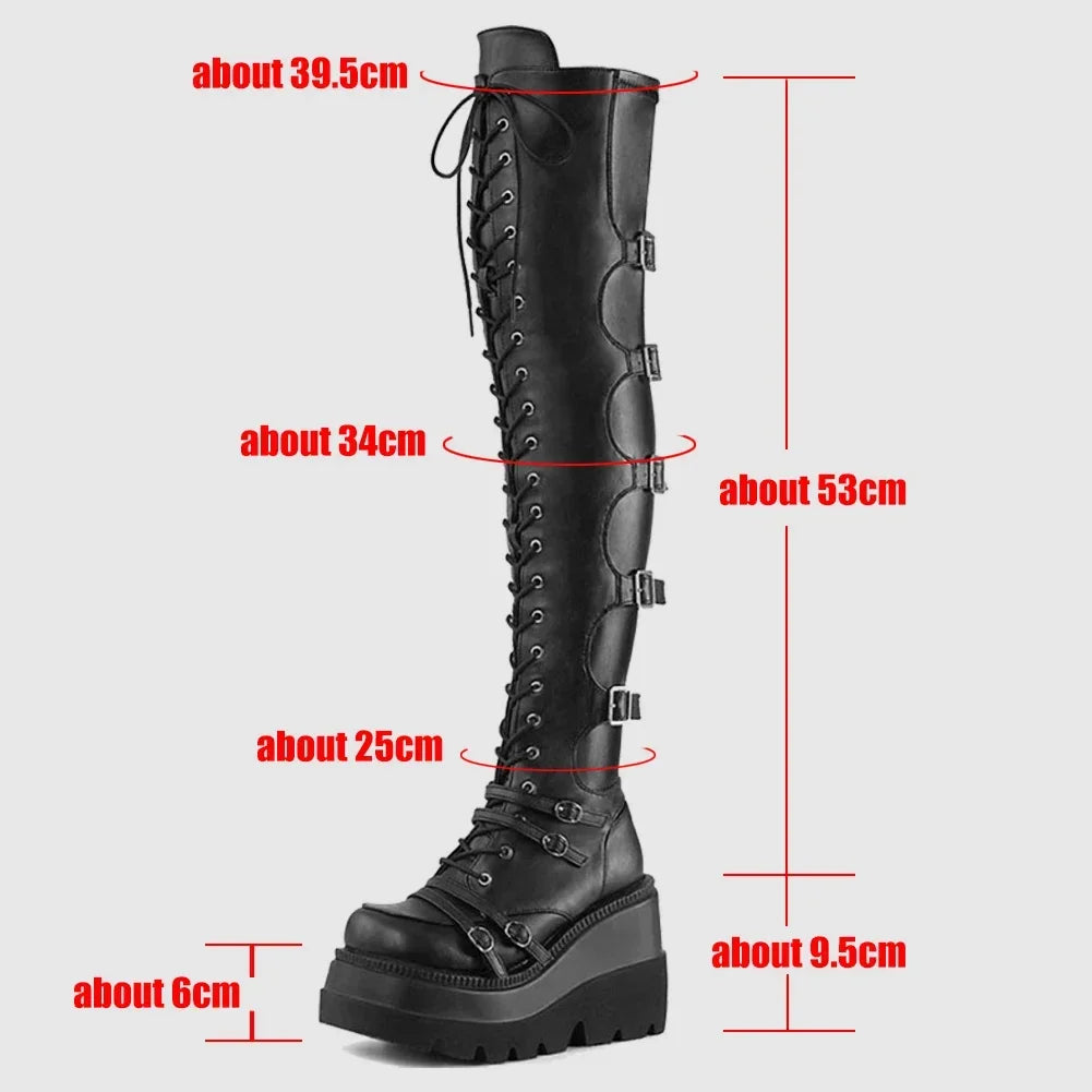 Punk Over-the-knee Boots Women Platform Heels Belt Buckle  Boot Motorcycle Goth Shoe Thigh High Flat Boots Plus Size 42 43