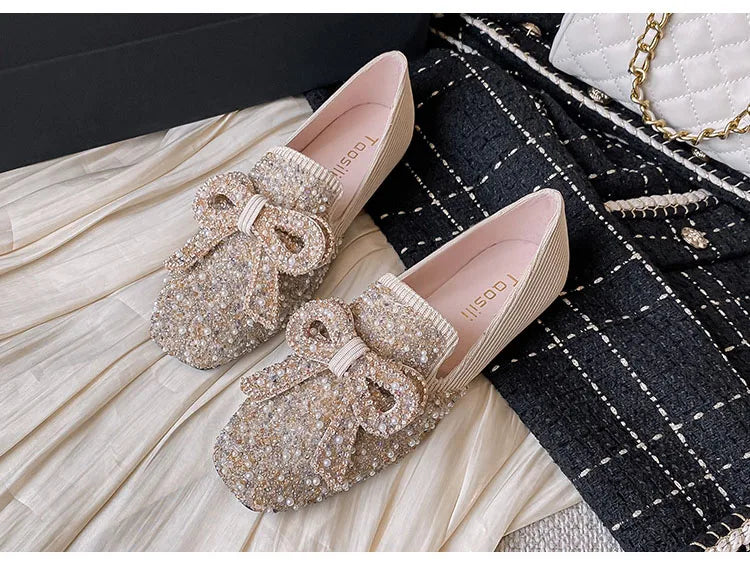 Maogu Woman Pearl Beading Breathable Ballet Flats Beauty Bow Buckle Moccasins Shoe for Women Big Size 43 Crystal Bow Flat Shoes