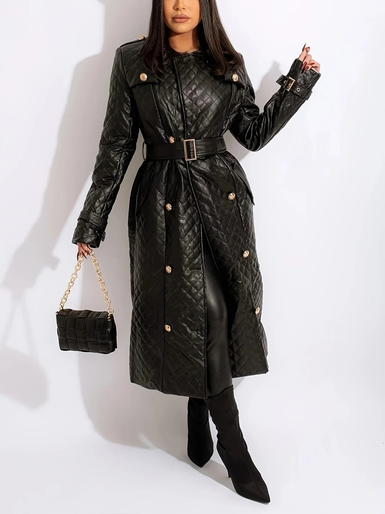 New Winter Luxury Design Double Breasted Black PU Leather Long Coats for Ladies Plus Size Quality Street Women Trench With Belt