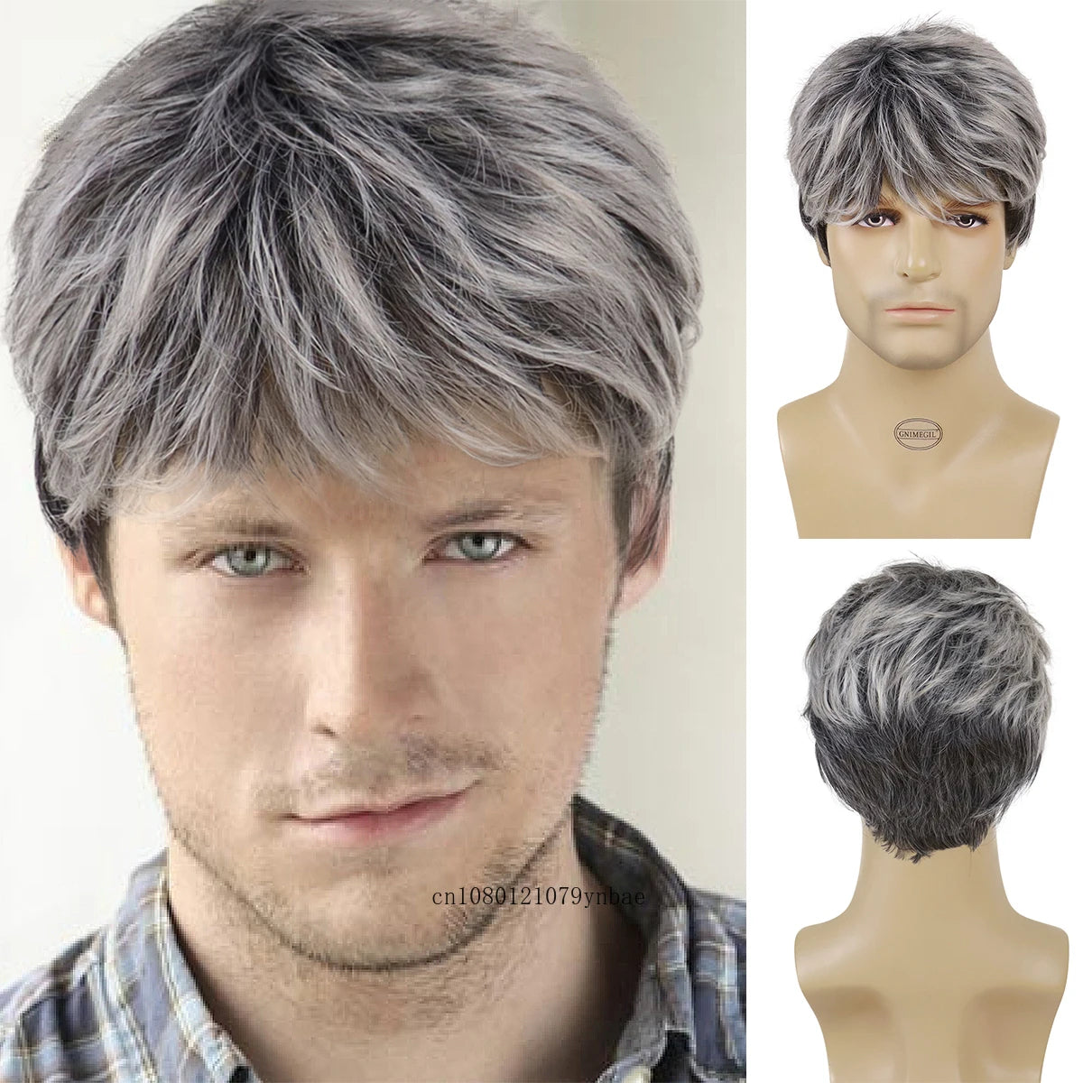 KIMLUD, Male Mix Grey Wigs Synthetic Hair Short Wig with Bangs for Men Daddy Hairstyles Gifts Daily Cosplay Costume Party Heat Resistant, KIMLUD Womens Clothes