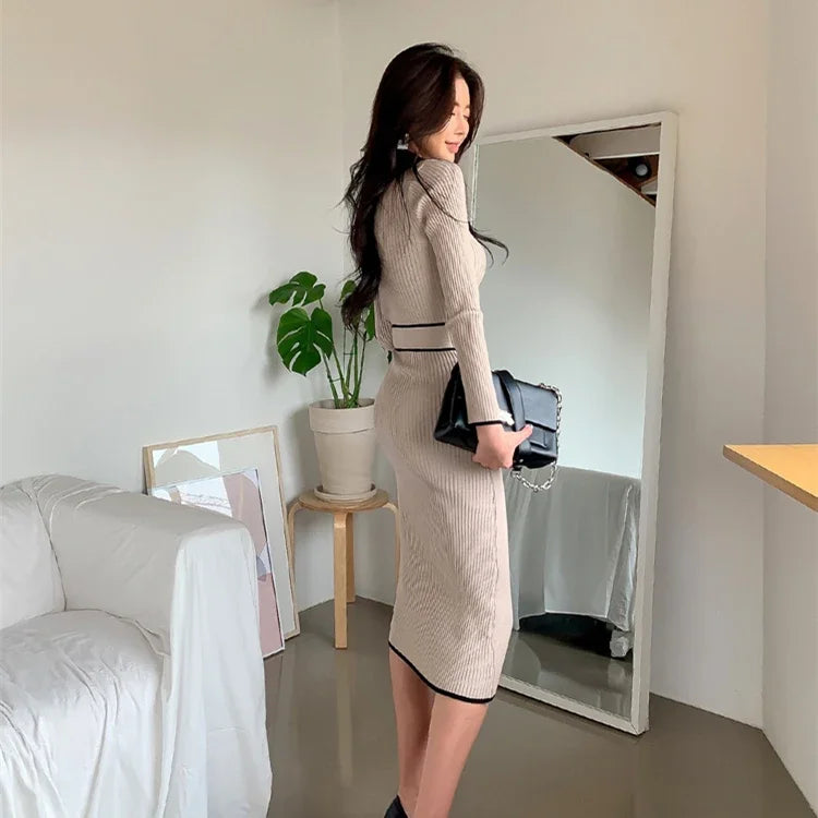 New Retro Knitted Bodycon Dress Women Korean Fashion Autumn Winter Half High Collar Lace Up Elegant Sweater Dresses Vestidos