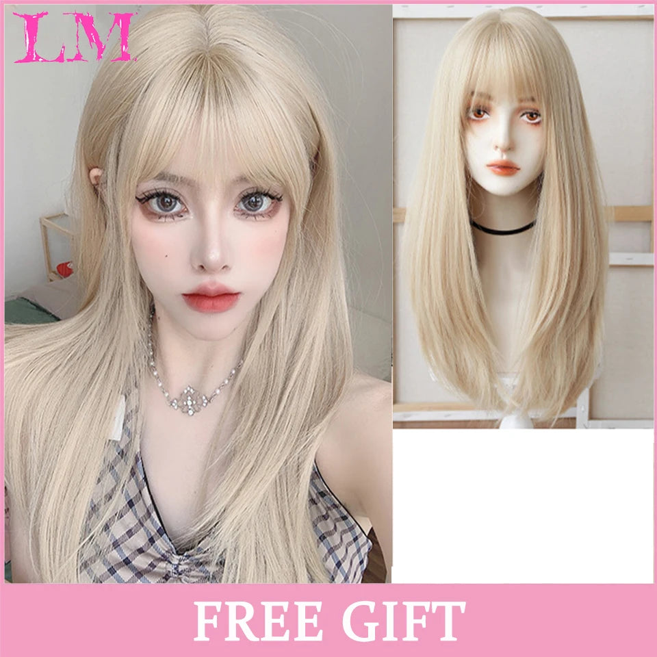 LM Long Natural Wavy Platinum Blonde Pink Wigs with Bangs Cosplay Party Lolita Synthetic Wigs for Women Heat Resistant Fiber