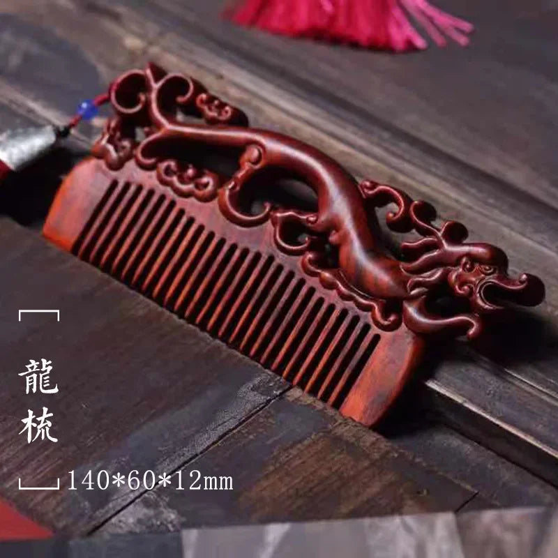 Natural Rhinoceros Horn Small Leaf Red Sandalwood Carved Wood Comb Retro Style Massage Comb Gifts with comb - KIMLUD