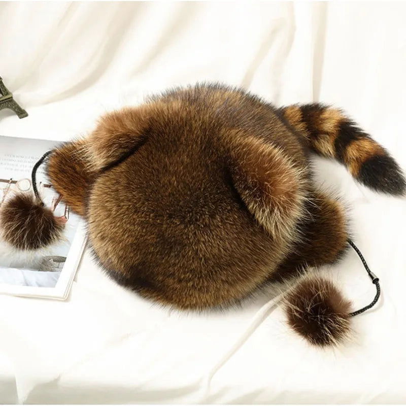 trend Raccoon Fur Cap Tail Women Natural Raccoon Fur Caps Ushanka Hats for Winter Thick Warm Ears Fashion Bomber Pom Pom Hat