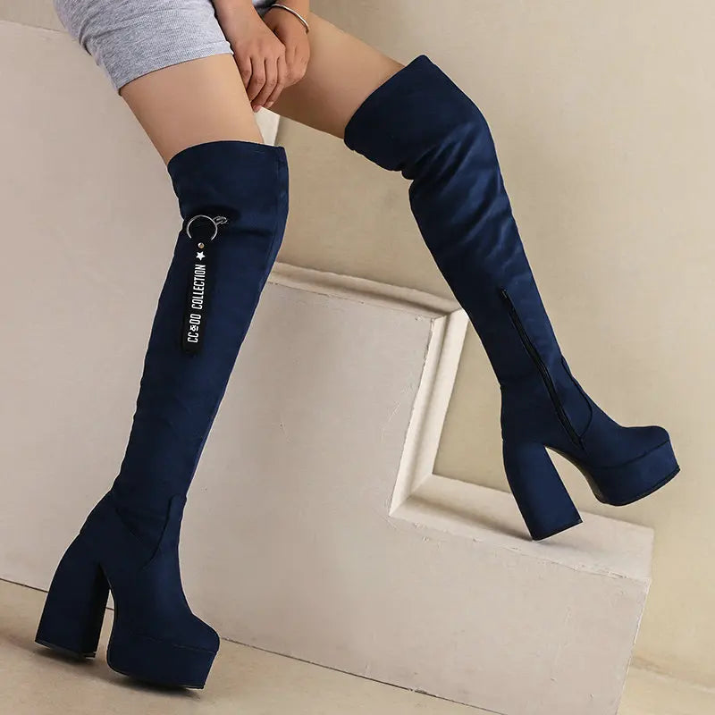 Orange Purple Navy Blue Platform Overknees Sexy Block High Heeled Women Winter Shoes Plus Size 34-48 Over The Knee Stretch Boots