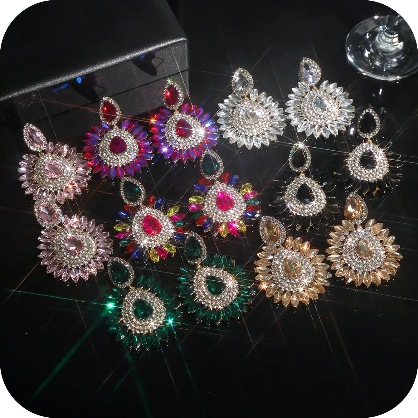 Vintage Rhinestone sunflower Statement Earrings Retro Big Cluster Crystal Drop Dangle Earrings for Women Girls