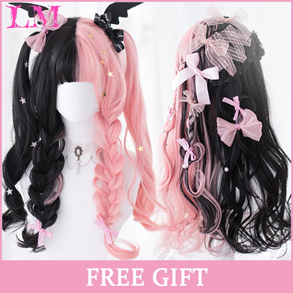 LM Long Natural Wavy Platinum Blonde Pink Wigs with Bangs Cosplay Party Lolita Synthetic Wigs for Women Heat Resistant Fiber