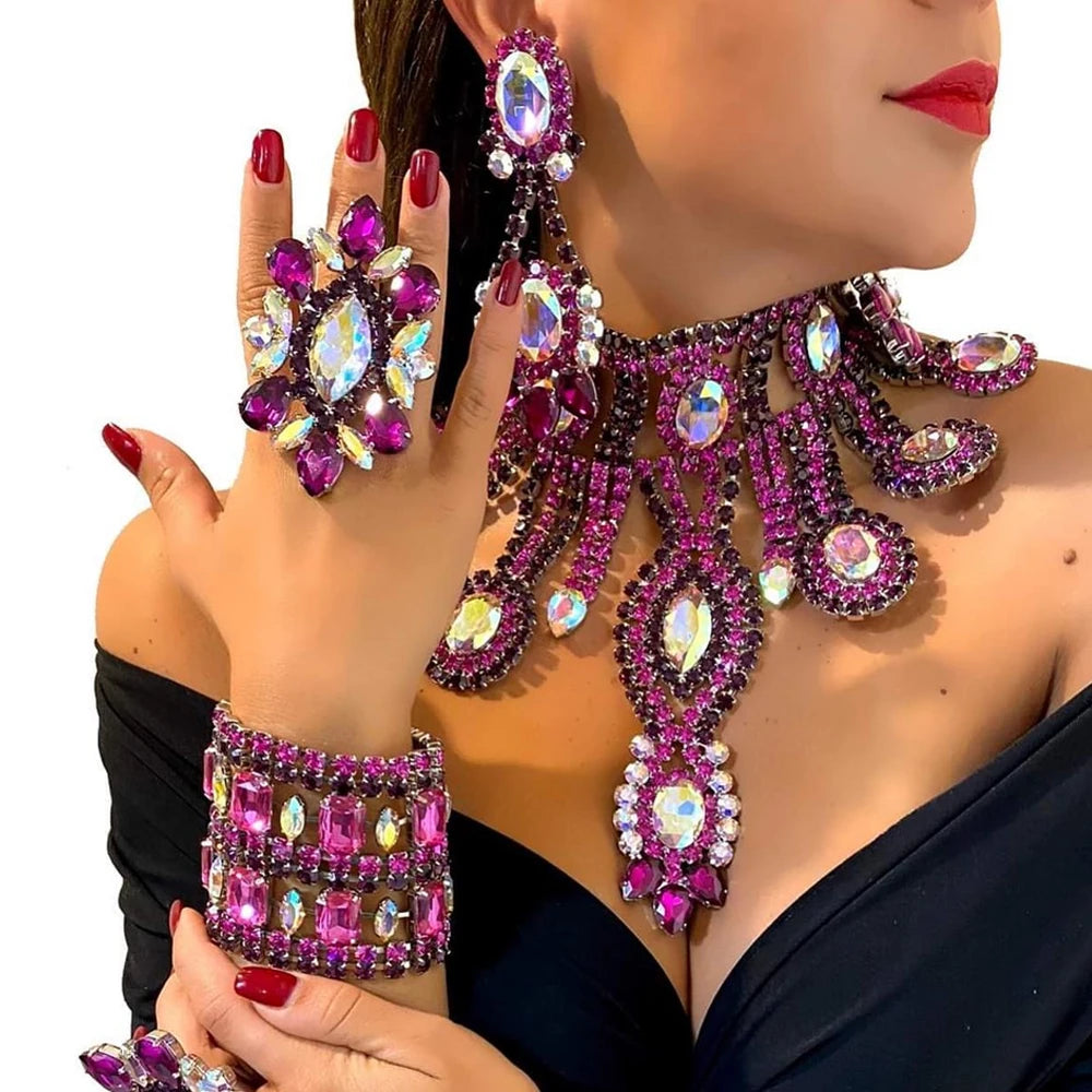 KIMLUD, Purple Crystal Necklace Earrings Bracelet Rings Set Wedding Women Exaggerate Decoration Nigeria Bridal Jewelry Sets Party Gift, KIMLUD Womens Clothes