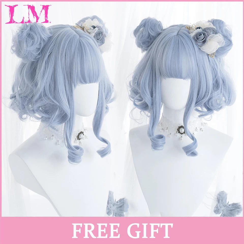 LM Long Natural Wavy Platinum Blonde Pink Wigs with Bangs Cosplay Party Lolita Synthetic Wigs for Women Heat Resistant Fiber