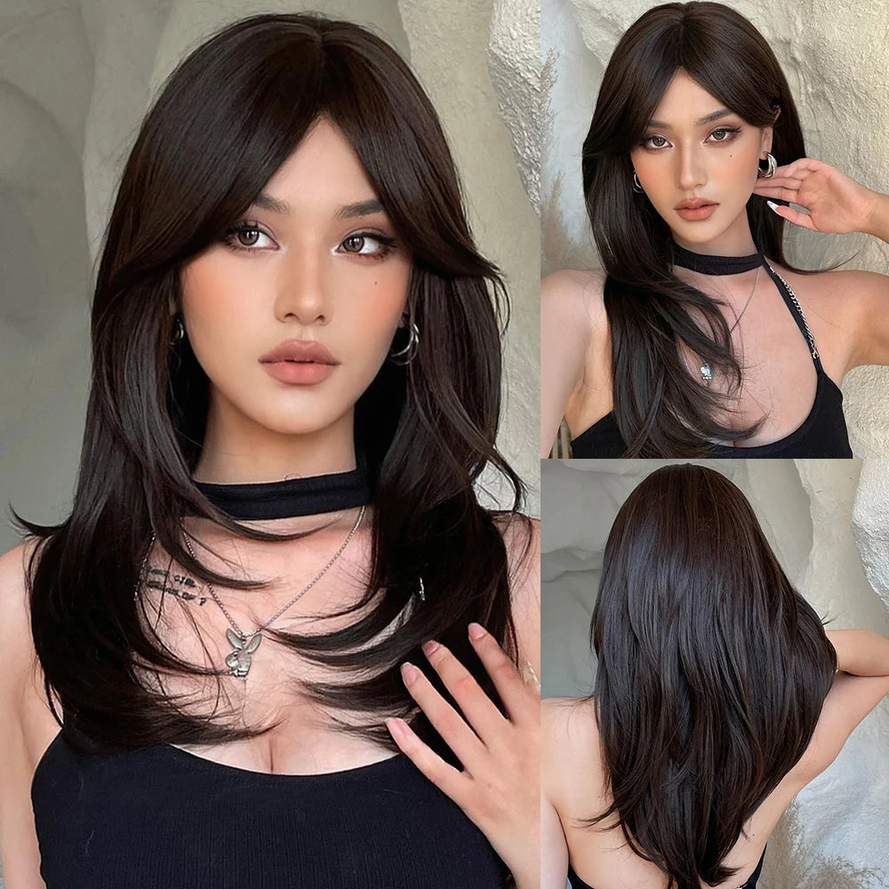 KIMLUD, Ombre Synthetic Straight Cosplay Women Hair Platinum Blonde to Black Hair Long Layered Natural Wigs with Bangs for White Women, Wig-LC259-8, KIMLUD APPAREL - Womens Clothes