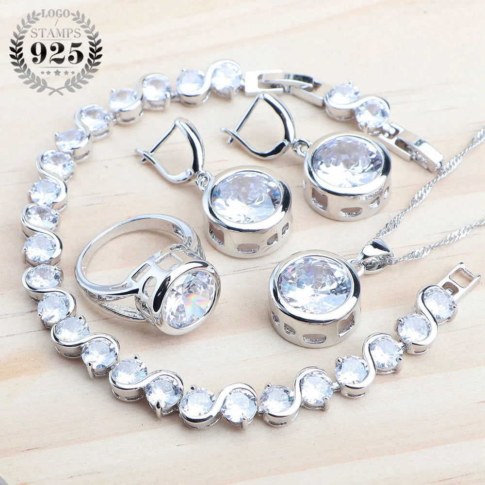 925 Sterling Silver Jewelry Sets Bridal Women Natural Magic Rainbow Zircon Earrings Ring Bracelets Pendant Wedding Necklace Set - KIMLUD