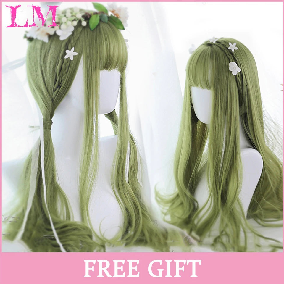 LM Long Natural Wavy Platinum Blonde Pink Wigs with Bangs Cosplay Party Lolita Synthetic Wigs for Women Heat Resistant Fiber