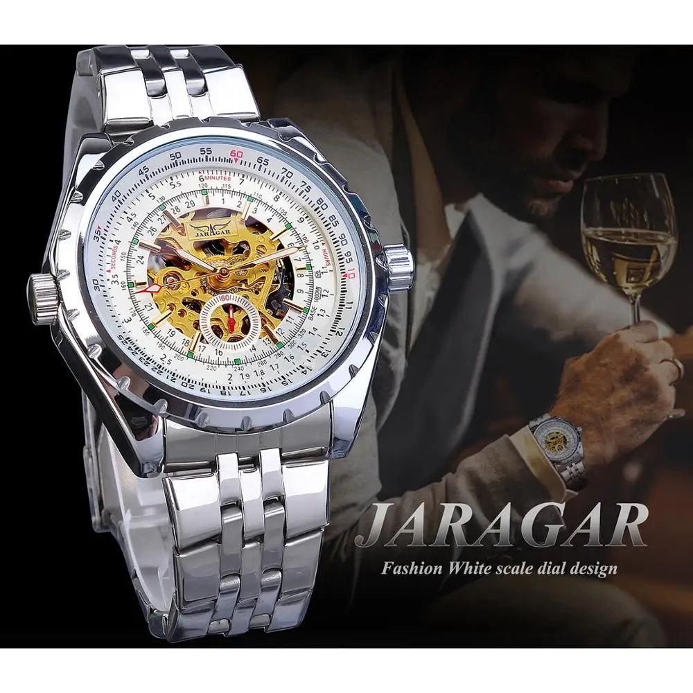 Jaragar Brand Classic Automatic Mens Watch Relojes Hombre Silver Skeleton Steel Sport Business Mechanical Clock Watches Relogio