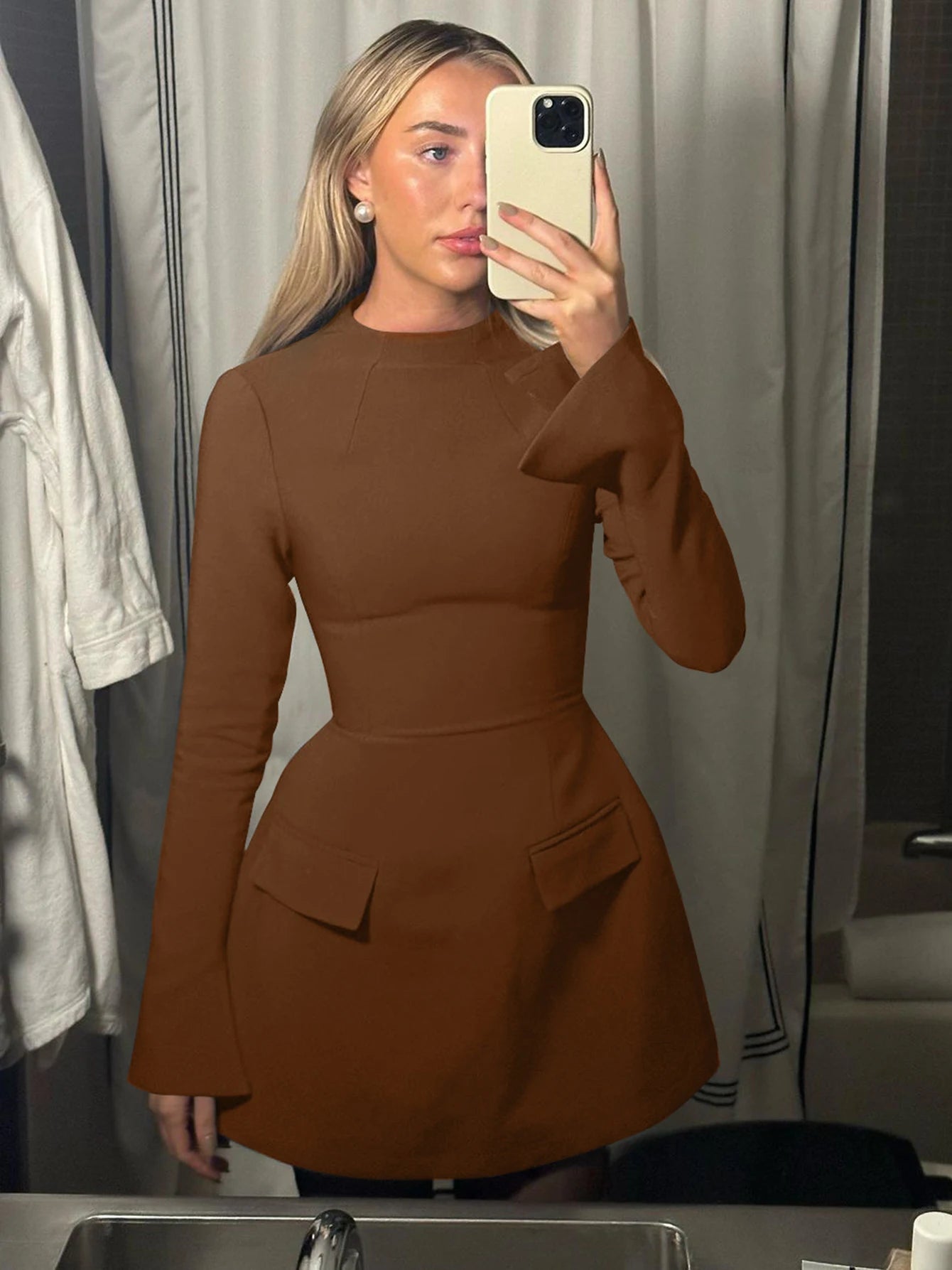 Dulzura Long Sleeves Zipper Bodycon Mini Dress With Pocket Solid Elegant Outfit Office Streetwear Women’S Autumn Winter Clothes