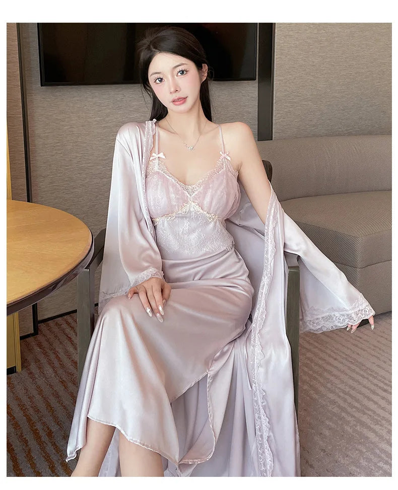 Elegant Long Robe Suit Sexy Home Dressing Gown Lace Trim Kimono Bathrobe Backless Nighty&robe Set Intimate Lingerie Nightgown