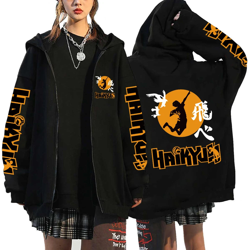 Women Men Anime Hoodie Haikyuu Zip Up Jacket Karasuno High School Plus Size Sweatshirt Harajuku Unisex Autumn Warm Streetwear