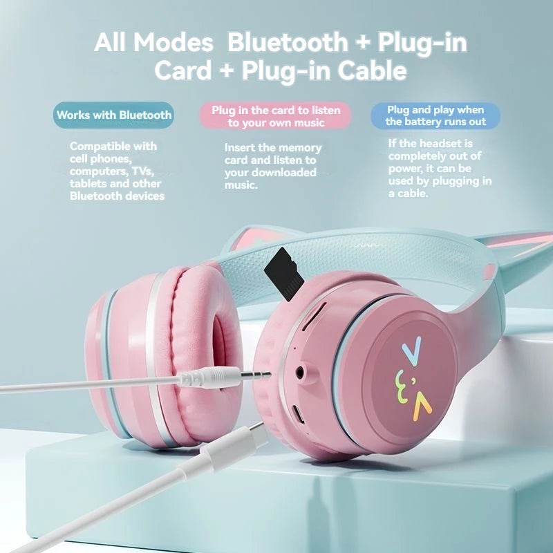 Gradient wireless Headphones RGB cute cat ear Bluetooth Earphones with microphone Stereo Music Game Earphone Girls Kids Gifts