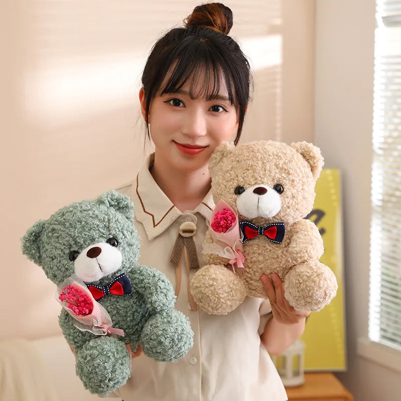 25cm Kawaii Hug Bouquet Teddy Bear Plush Toy Stuffed Super Soft Bow Tie Bear Children'S Doll Girlfriend Kids Baby Christmas Gift