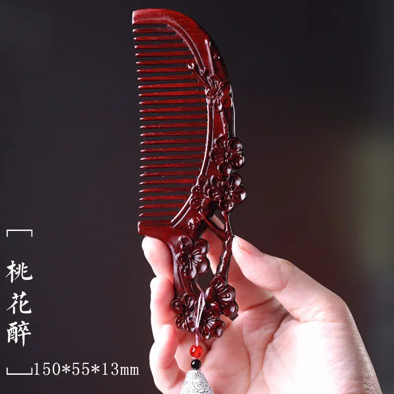 Natural Rhinoceros Horn Small Leaf Red Sandalwood Carved Wood Comb Retro Style Massage Comb Gifts with comb - KIMLUD