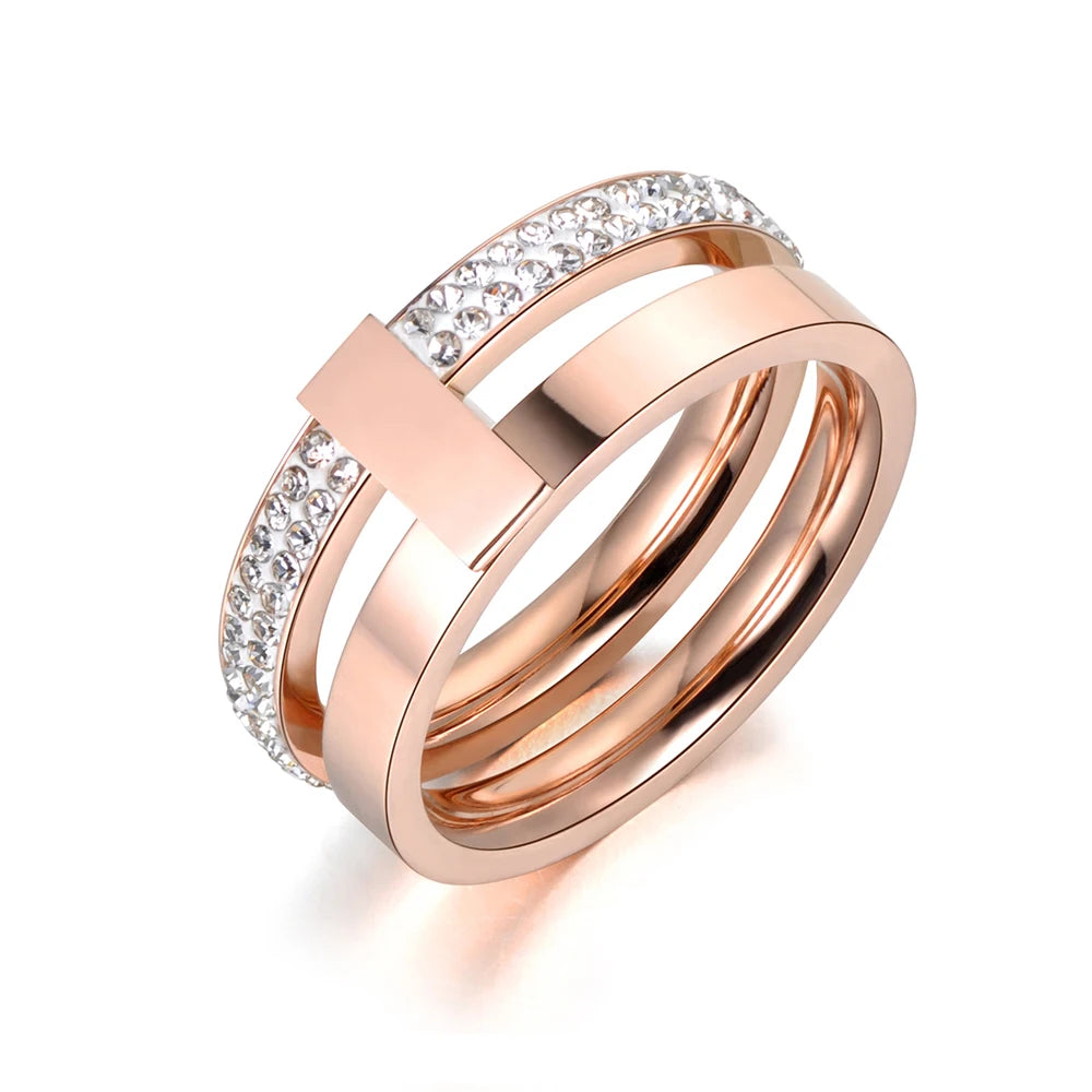 KIMLUD, Lokaer Rose Gold Color White Rhinestone Shell Wedding Rings Jewelry 316L Stainless Steel Engagement Ring For Women Кольцо R18050, R18047R / 9, KIMLUD APPAREL - Womens Clothes