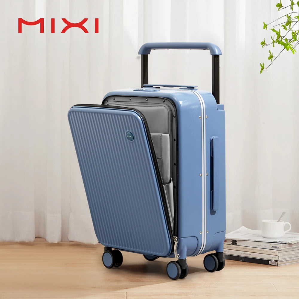 Mixi Front Laptop Pocket Suitcase Wide Handle Travel Suitcase Men 20''Carry-On Luggage Women PC Aluminum Frame Trolley Case 24'' - KIMLUD