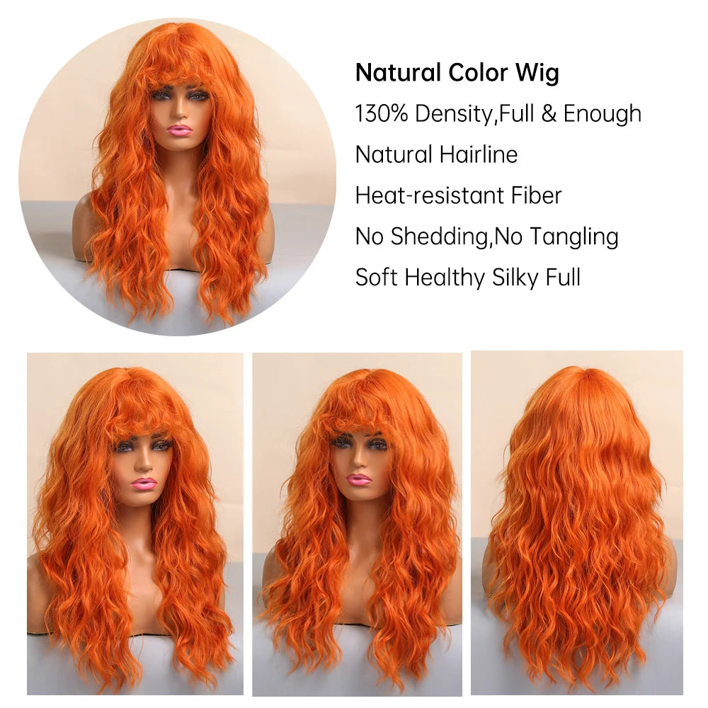 Cosplay Ginger Orange Long Curly Synthetic Wigs with Bangs Deep Wave Lolita Hair for Women Halloween Party Daily Heat Resistant