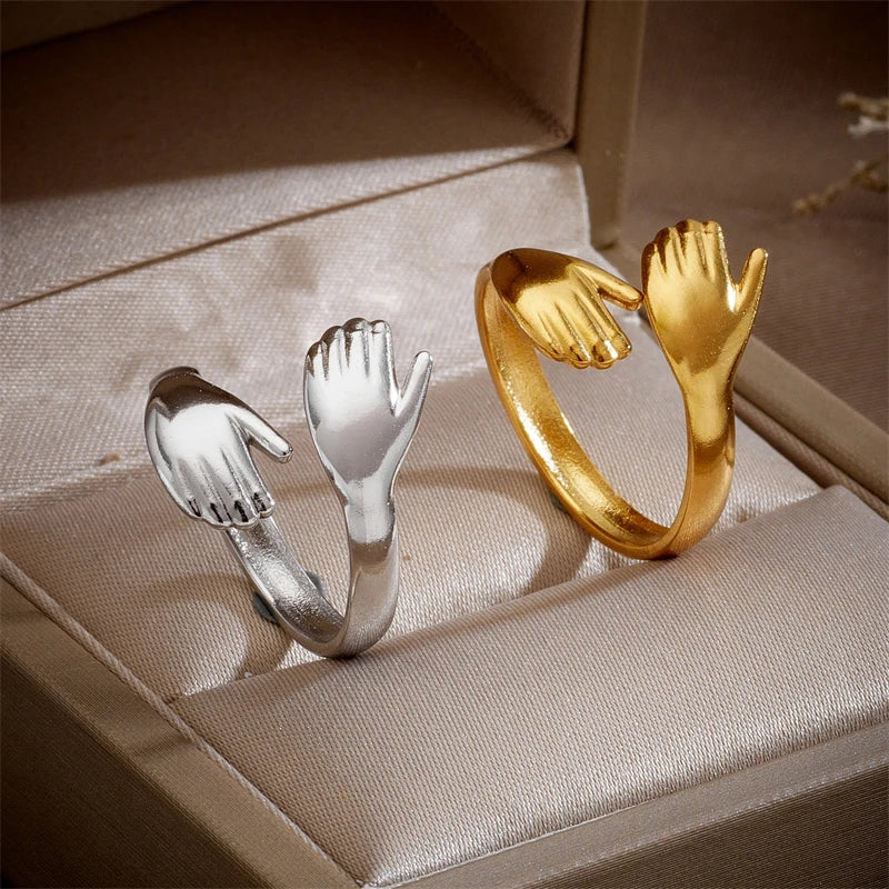 XIYANIKE 316L Stainless Steel Rings Hands Hug Opening for Woman Couple Simple Creative Trendy Design Punk Gifts Birthday Jewelry