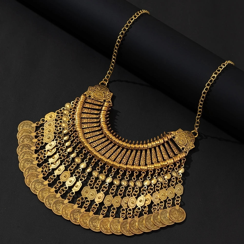 KIMLUD, Gypsy Bohemia Metal Coin Tassel Statement Choker Necklace Women Boho Afghan Turkish Ethnic Tribal Jewelry, T276gold, KIMLUD APPAREL - Womens Clothes