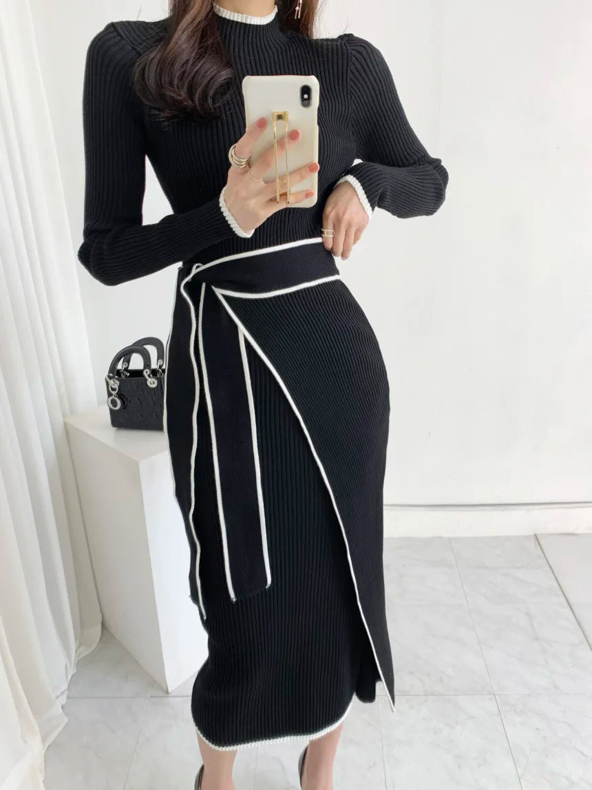 Elegant Stand Collar Contrast Bandage Long Sleeve Women Knitted Dress Autumn Korean Fashion Casual Knit Bodycondresses Vestidos