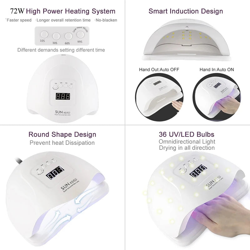 LED Nail Lamp For Manicure 72W Nail Dryer Machine UV Drying Lamp For Curing UV Gel Nail Polish With Motion Sensing LCD Display