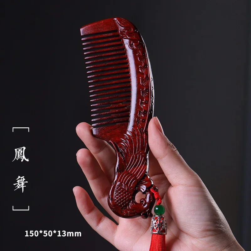 Natural Rhinoceros Horn Small Leaf Red Sandalwood Carved Wood Comb Retro Style Massage Comb Gifts with comb - KIMLUD